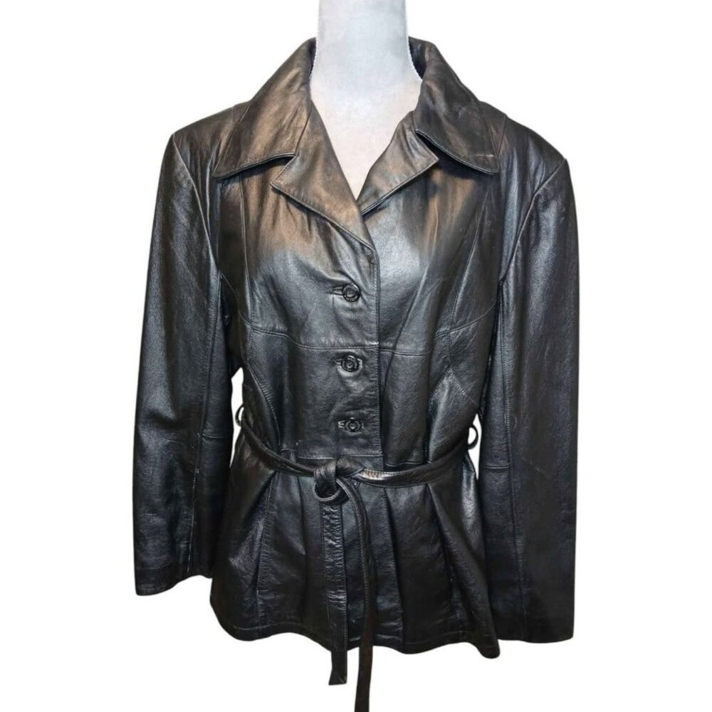 Vintage Wilsons MAXIMA Leather Jacket Womens XL Black Retro 90s Belted Button Up